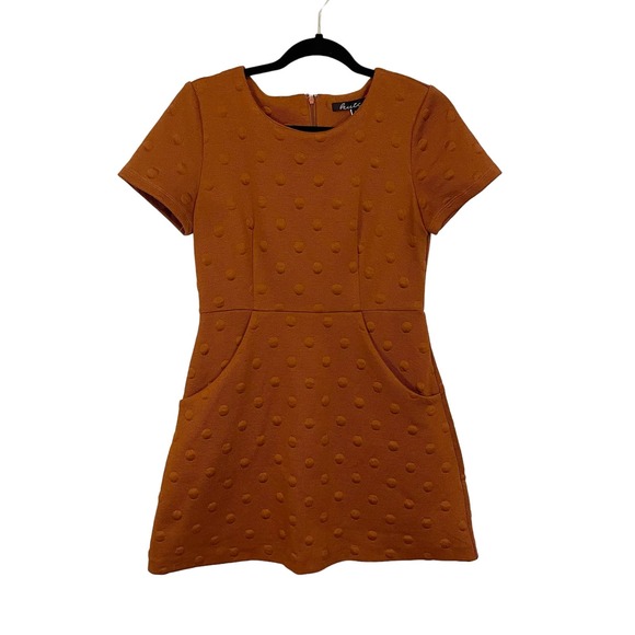 Hutch Women's Brown Circle Dotted Short Sleeves Zip A-Line Mini Dress Medium - Picture 1 of 11